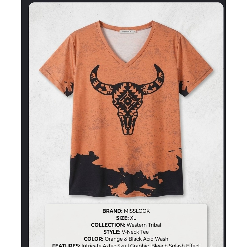 Misslook Women XL Western Tribal V-Neck Tee Orange Black Acid Wash Aztec Skull